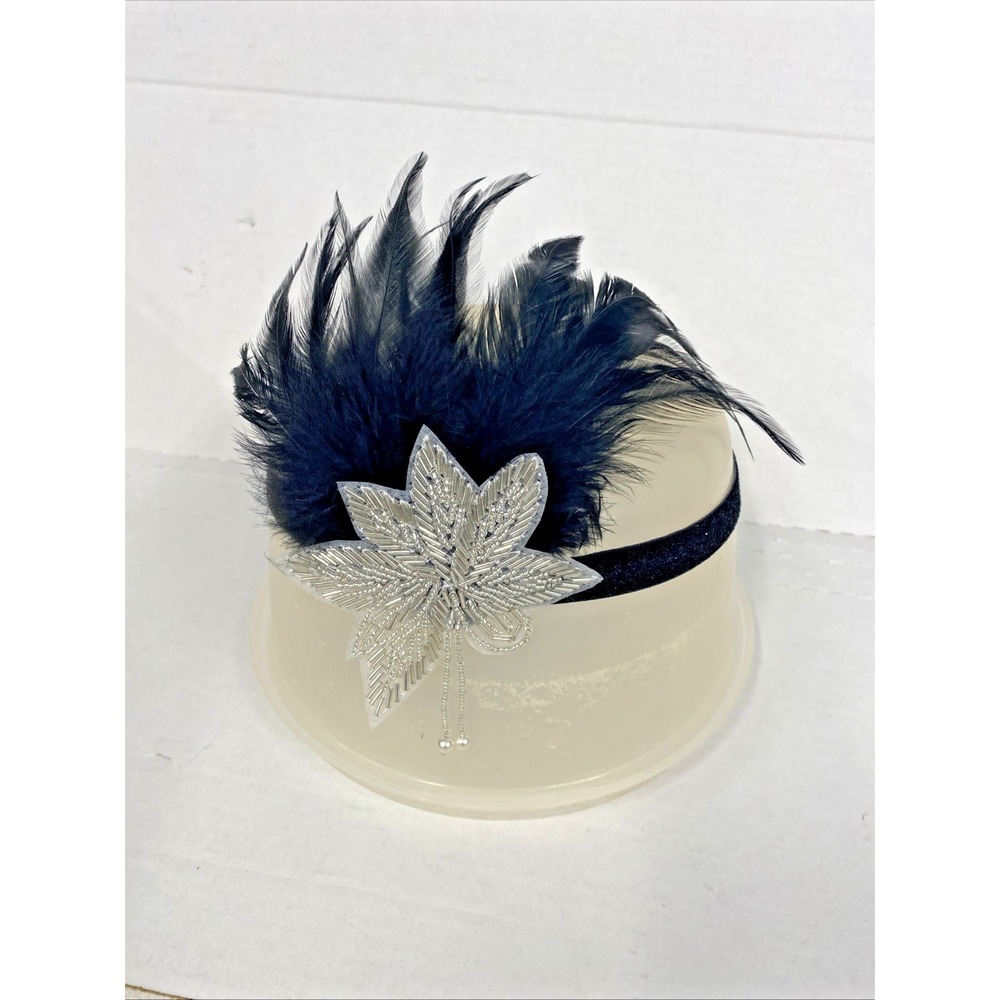 1920s FLAPPER Headpiece Mesh Feathers BEADS on‎ a Headband Headwear stretch EUC